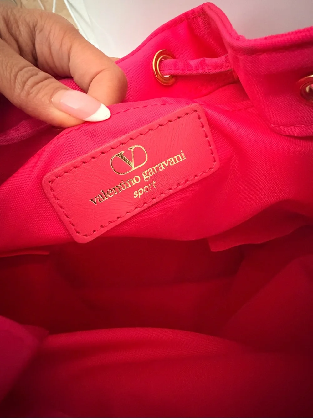 Valentino Garavani Fuchsia Drawstring Backpack with Gold-Tone Logo